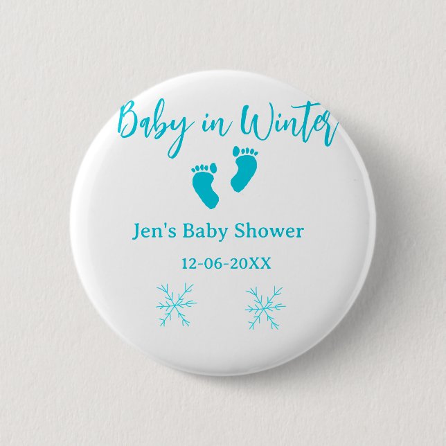 Baby im Winter duschen blaue Babyfüße Schneeflocke Button (Vorderseite)
