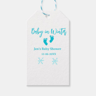 Baby im Winter duschen blaue Babyfüße Schneeflocke Geschenkanhänger