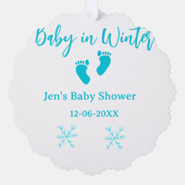Baby im Winter duschen blaue Babyfüße Schneeflocke Ornament Karte