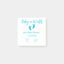 Baby im Winter duschen blaue Babyfüße Schneeflocke Post-it Klebezettel