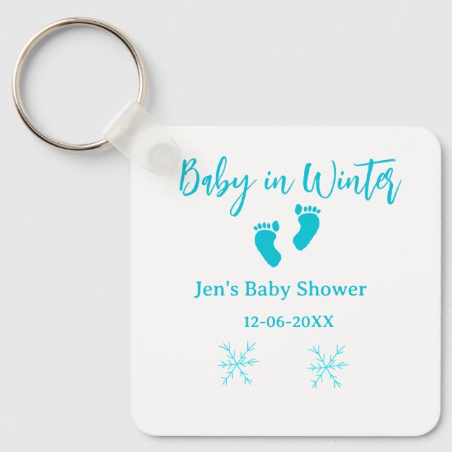 Baby im Winter duschen blaue Babyfüße Schneeflocke Schlüsselanhänger (Vorderseite)