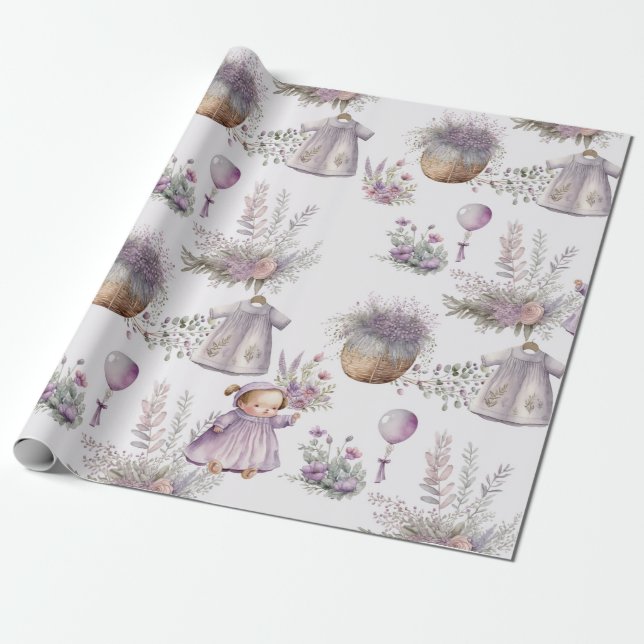 Baby in Aquarelllavender Blopping Paper Geschenkpapier (Ungerollt)