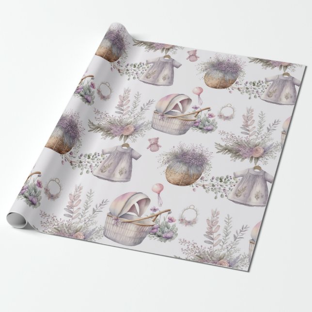 Baby in Aquarelllavender Blopping Paper Geschenkpapier (Ungerollt)