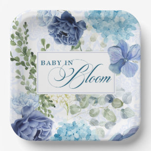 Baby in blauen blühenden Chinoiserie Babydusche Pappteller