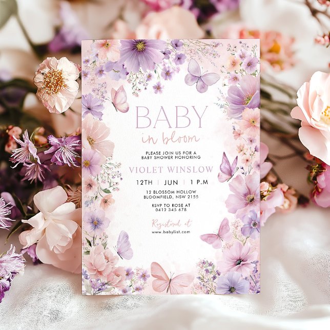 Baby in Bloom Baby Duschbrötlchen Lila Einladung (Pink Purple Baby in Bloom Baby Shower Invitation with flowers and butterflies)