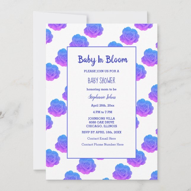 Baby in Bloom Baby Dusche Blau Lila rosa Niedlich Einladung (Vorderseite)