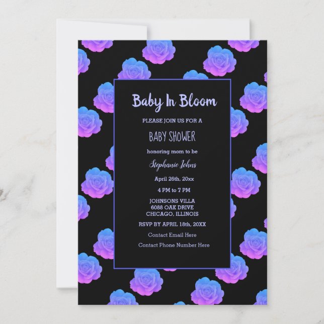 Baby in Bloom Baby Dusche Blau Lila rosa Schwarz Einladung (Vorderseite)