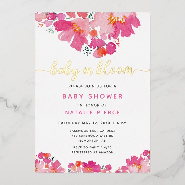 Baby in Bloom Baby Dusche Rosa Blumenwasser Farbe Folieneinladung (Vorderseite)