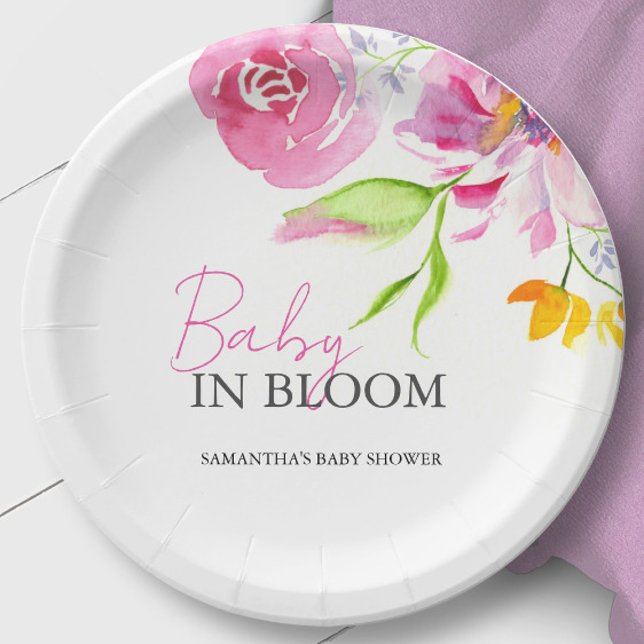 Baby in Bloom Baby Dusche verfügbar Pappteller (Baby in bloom baby shower paper plates floral watercolor art by Victoria Grigaliunas Do Tell A Belle)