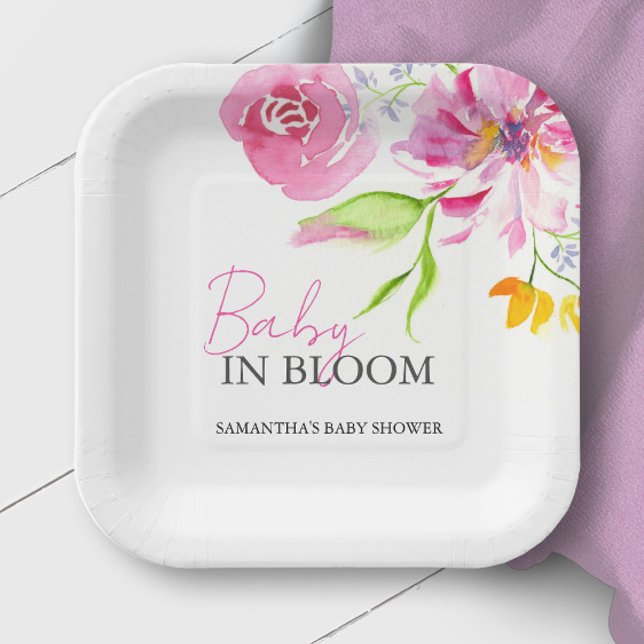 Baby in Bloom Baby Dusche verfügbar Pappteller (Baby in bloom baby shower decor paper plates watercolor floral art by Victoria Grigaliunas)