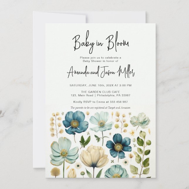 Baby in Bloom Baby Shower Blue Boy Blume Save The Date (Vorderseite)