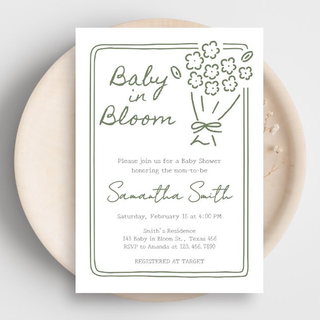 Baby In Bloom Baby Shower Einladung (Green Hand Drawn Baby in Bloom Baby Shower Invitation)