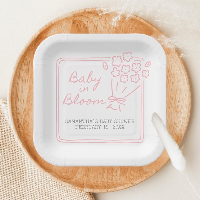 Baby In Bloom Baby Shower Pappteller (Hand Drawn Baby in Bloom Baby Shower Paper Plate)