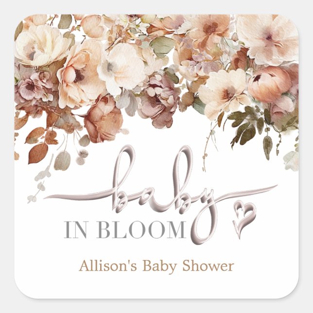 Baby in Bloom Baby Shower Quadratischer Aufkleber (Vorderseite)