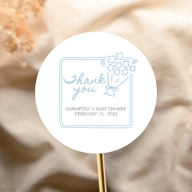 Baby In Bloom Baby Shower Runder Aufkleber (Blue Hand Drawn Baby in Bloom Baby Shower Sticker)