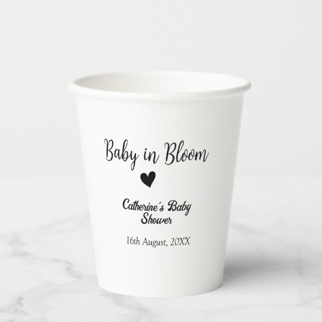 Baby in bloom baby shower simple black heart date pappbecher (Vorderseite)