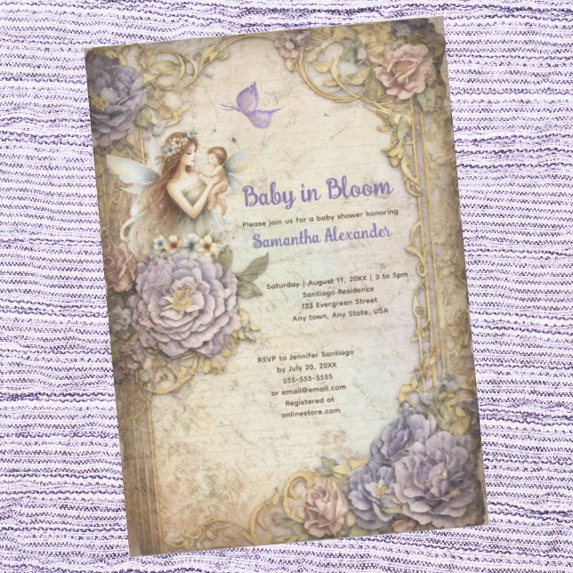 Baby in Bloom Babydusche Einladung (Baby in Bloom baby shower invitation.  Fairy mom with baby fairy.  Antique vintage design.)