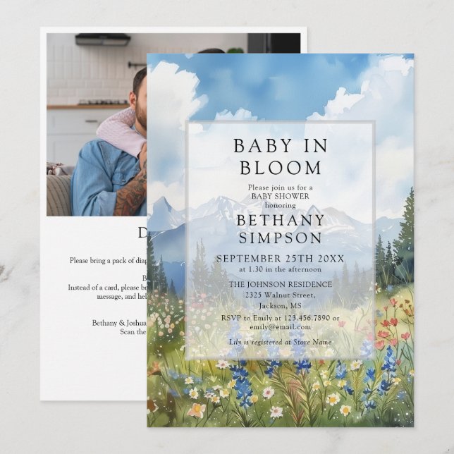 Baby In Bloom Bergfoto-QR-Code Baby Shower Einladung (Vorne/Hinten)