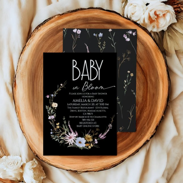 Baby in Bloom Black Wildblume Babydusche Einladung (Von Creator hochgeladen)