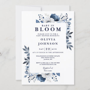 Baby In Bloom Blaue Blumige Baby-Party Einladung