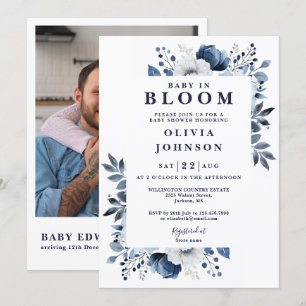 Baby In Bloom Blaue Blumige Foto-QR-Baby-Party-Ein Einladung