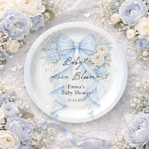 Baby in Bloom Blaues Schleifen-Baby-Party Pappteller