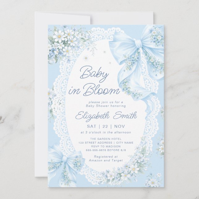 Baby in Bloom Blue Bow Floral Boy Baby Shower Einladung (Vorderseite)