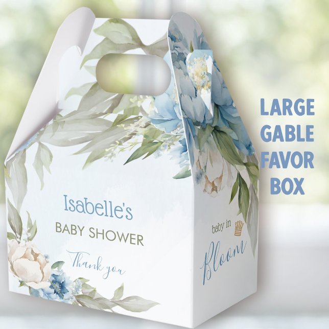 Baby in Bloom Blue Boy Babydusche Großes Gabel Geschenkschachtel (Baby in bloom blue Large favor boxes - You can choose from 3 sizes of these gable favor boxes.)