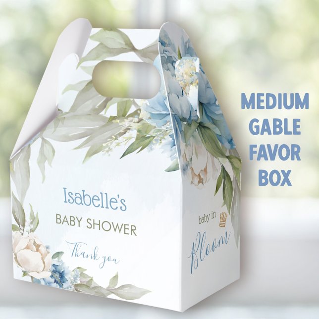Baby in Bloom Blue Boy Babydusche Medium Gable Geschenkschachtel (Baby in bloom blue Medium favor boxes - You can choose from 3 sizes of these gable favor boxes.)