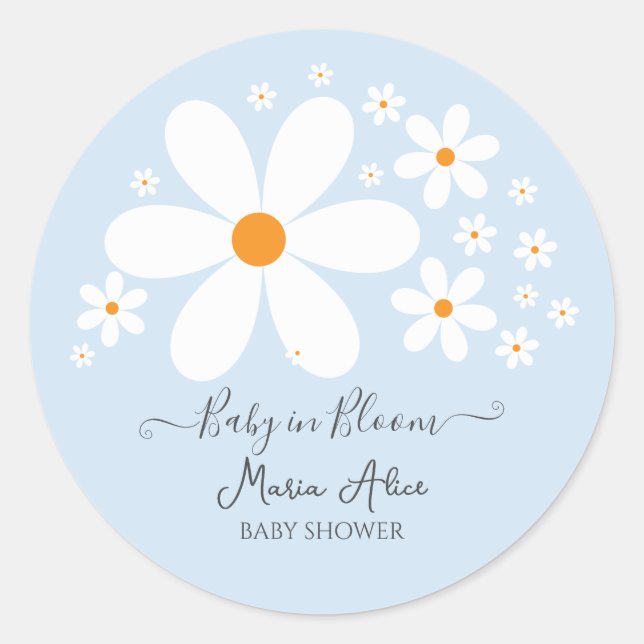Baby in Bloom Blue Daisy Baby Shower Runder Aufkleber (Vorderseite)