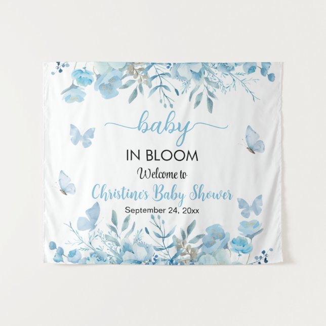 Baby in Bloom Blue Floral Baby Dusche Hintergrund Wandteppich (Vorderseite (Horizontal))