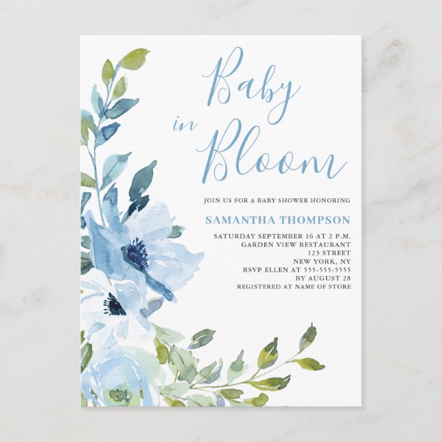 Baby in Bloom Blue Floral Baby Dusche Postkarte (Vorderseite)