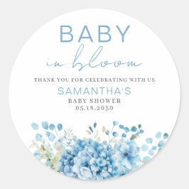 Baby In Bloom Blue Floral Boy Baby Shower  Runder Aufkleber