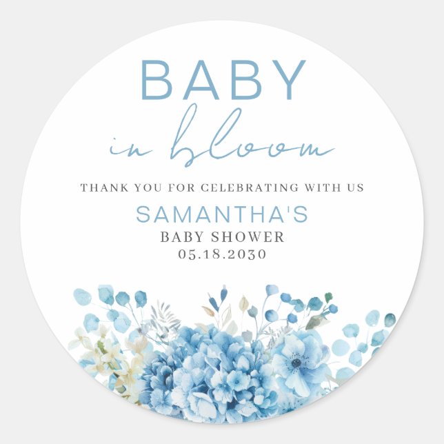 Baby In Bloom Blue Floral Boy Baby Shower  Runder Aufkleber (Vorderseite)