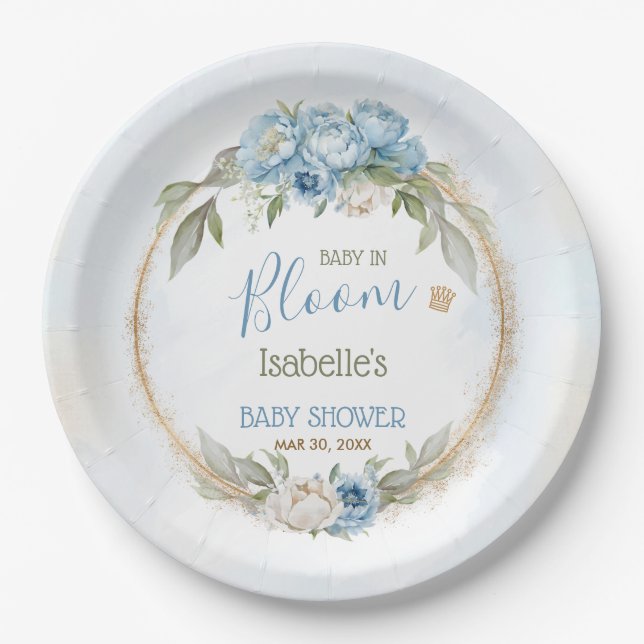 Baby in Bloom Blue Floral Elegante Baby Dusche Pappteller (Vorderseite)