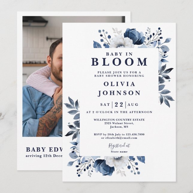 Baby in Bloom Blue Floral Foto QR Babydusche Einladung (Vorne/Hinten)