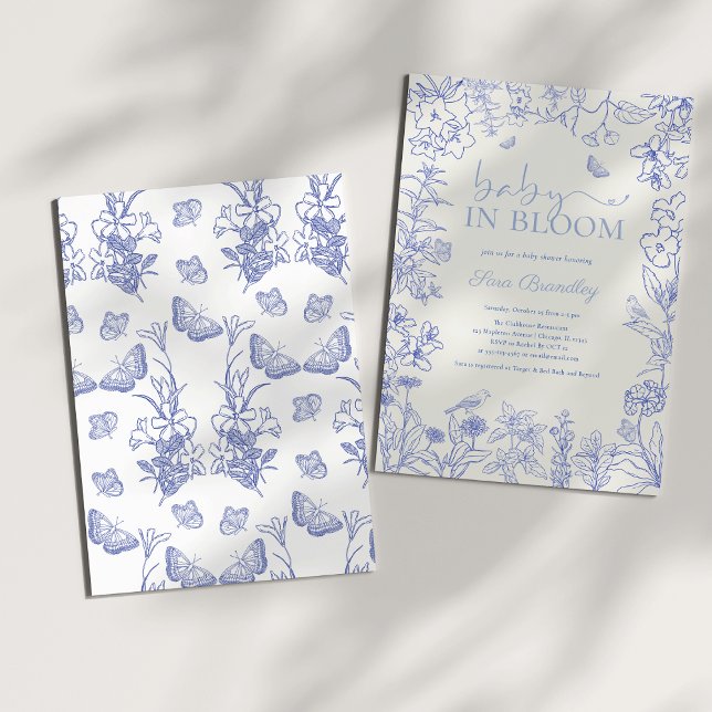 Baby in Bloom Blue Garden Chinoiserie Babydusche Einladung (Baby In Bloom Cobalt Blue Whimsical Chinoiserie Floral Baby Shower Invitation
)