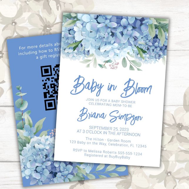 Baby in Bloom Blue Hydrangeas Baby Dusche Einladung (Von Creator hochgeladen)