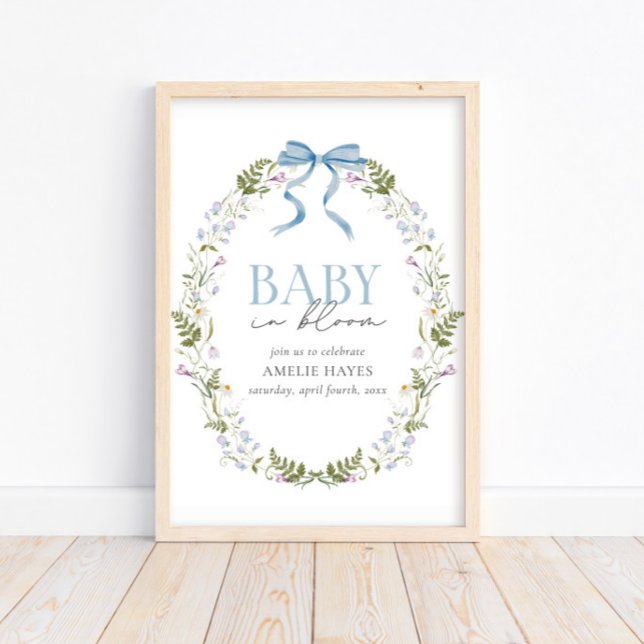 Baby in Bloom Blue Spring Floral Bow Baby Dusche Poster (Von Creator hochgeladen)