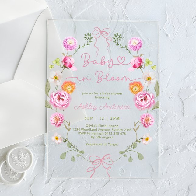 Baby in Bloom Blume rosa Bow Baby Dusche Acryleinladungen (Von Creator hochgeladen)