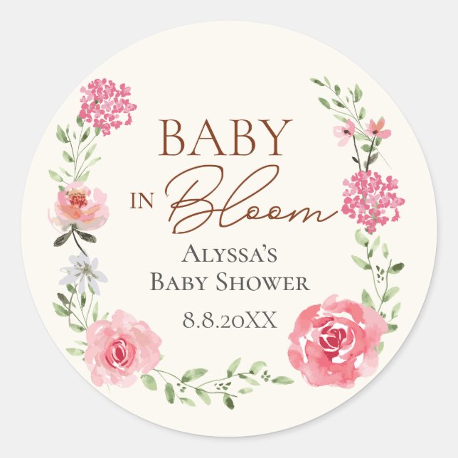 Baby in Bloom Blume Thema Kinderdusche individuell Runder Aufkleber (Vorderseite)