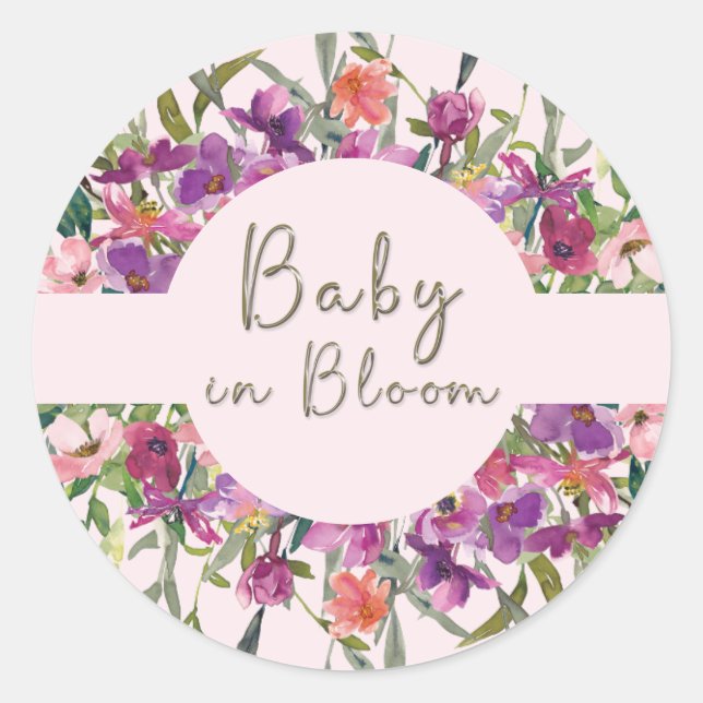Baby in Bloom Blush Bloral Wasserfarbe Kinderdusch Runder Aufkleber (Vorderseite)