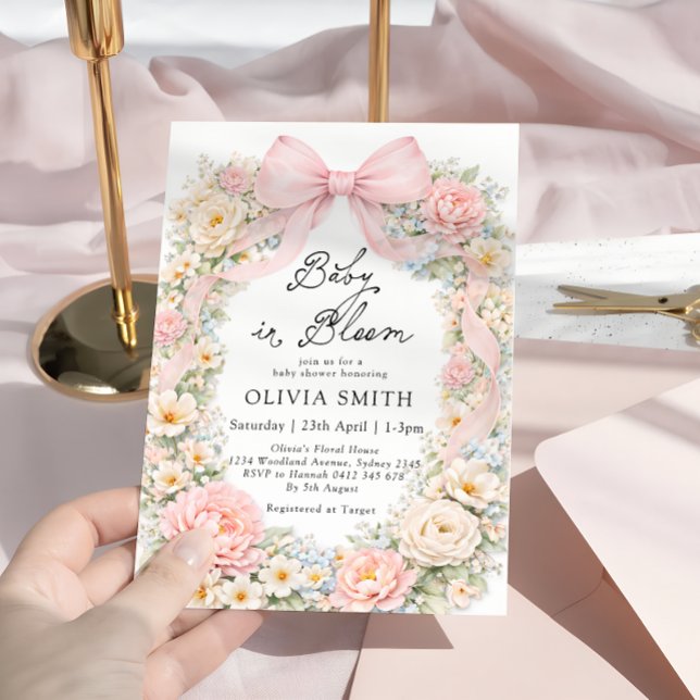 Baby in Bloom Blush Pink Bow Baby Shower Einladung (Von Creator hochgeladen)