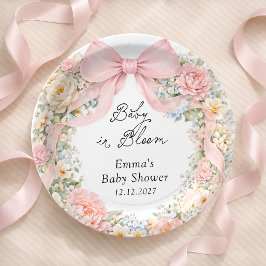 Baby in Bloom Blush Pink Bow Floral Baby Shower Pappteller