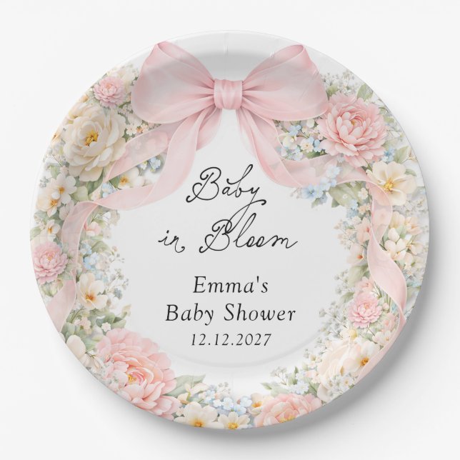 Baby in Bloom Blush Pink Bow Floral Baby Shower Pappteller (Vorderseite)