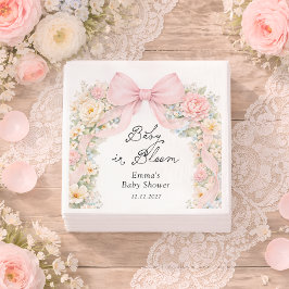 Baby in Bloom Blush Pink Bow Floral Baby Shower Serviette