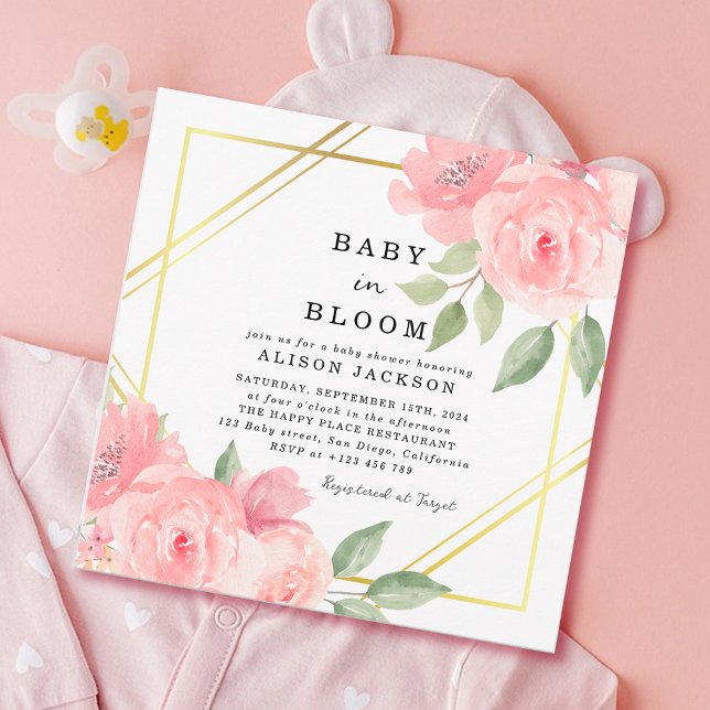 Baby in Bloom Blush Pink Gold Floral Baby Dusche Einladung (Baby in Bloom Baby Shower Invitation)