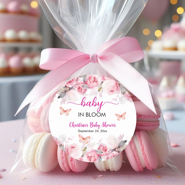 Baby in Bloom Blush Rose Kinderdusche Runder Aufkleber (Von Creator hochgeladen)