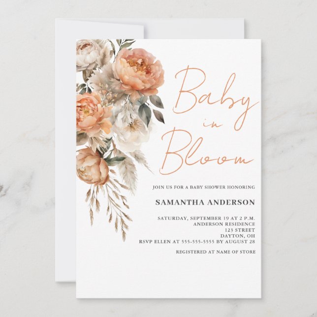 Baby in Bloom Boho Blumendusche Einladung (Vorderseite)