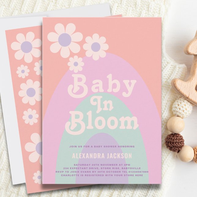 Baby in Bloom Boho Daisy Rainbow Baby Shower Einladung (Baby in bloom boho rainbow girl baby shower invitation)